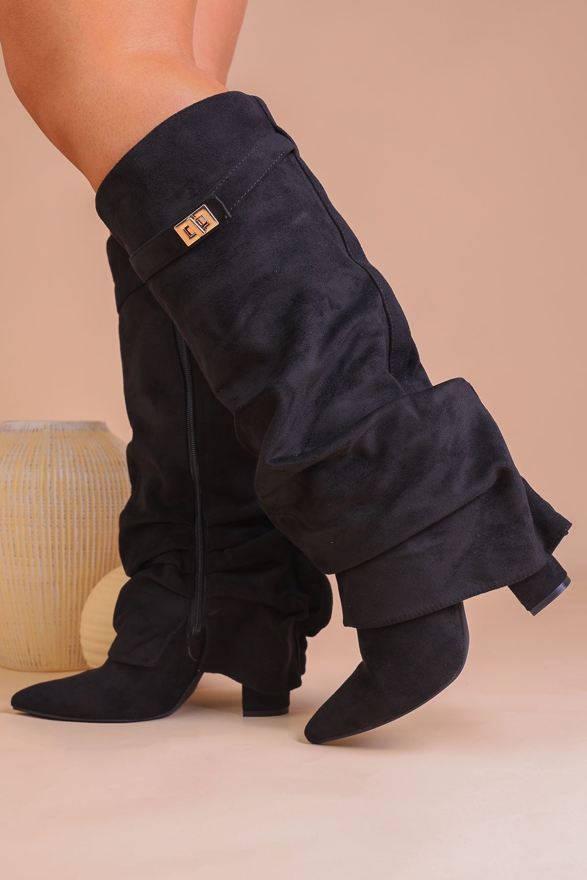 Black Faux Suede Slouchy Fold Over Shark Boots