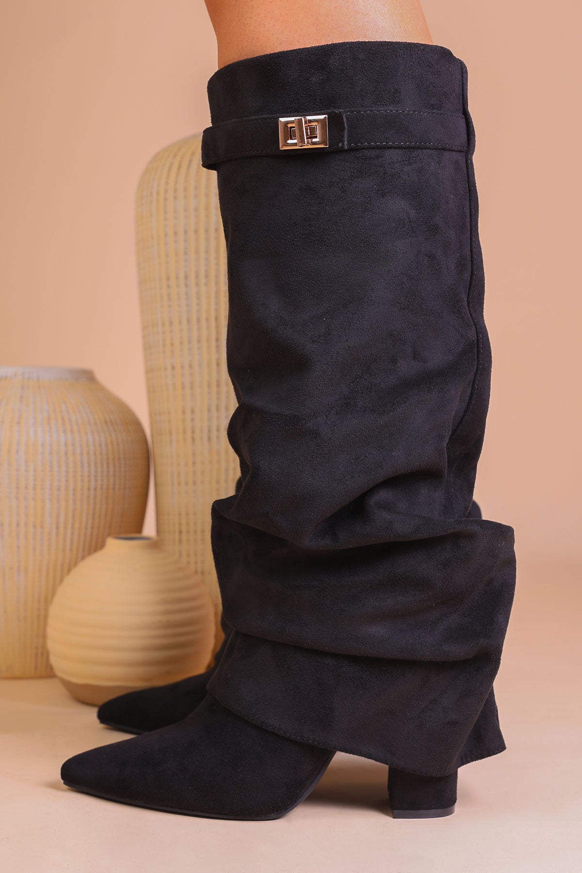 Black Faux Suede Slouchy Fold Over Shark Boots