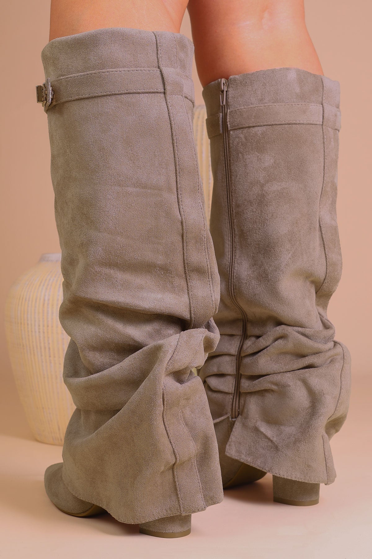 Taupe Faux Suede Slouchy Fold Over Shark Boots
