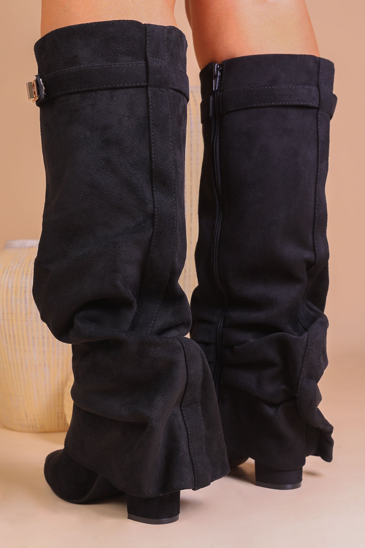 Black Faux Suede Slouchy Fold Over Shark Boots