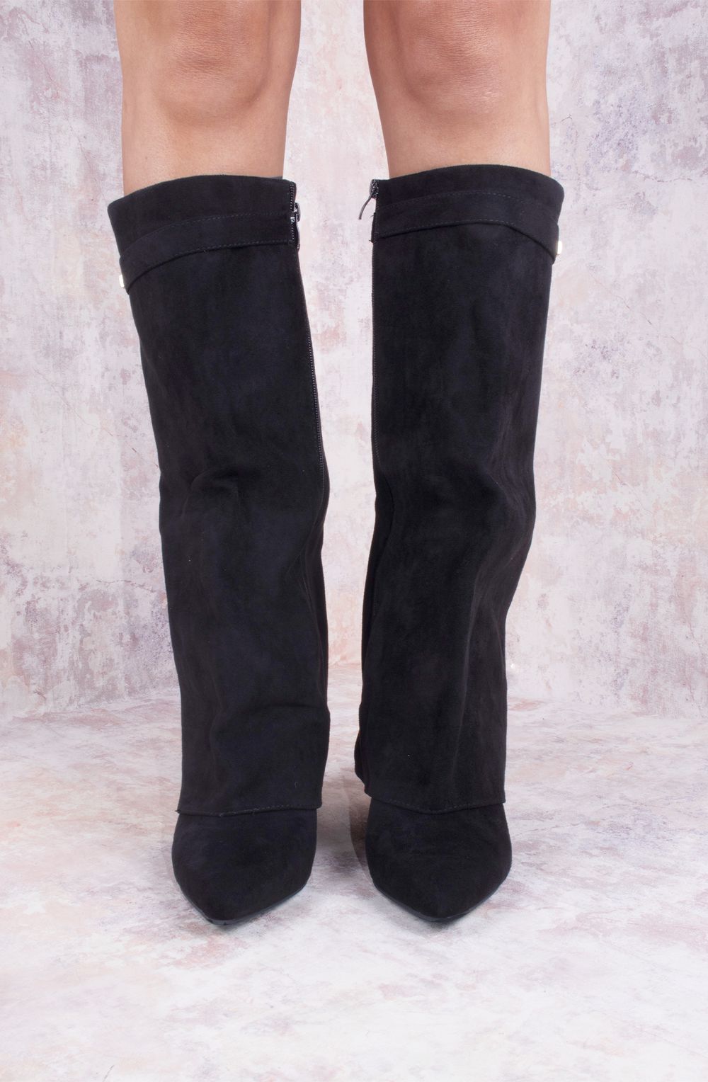 Black Faux Suede Fold Over Shark Classic Wedge Heel Buckle Knee High Boot