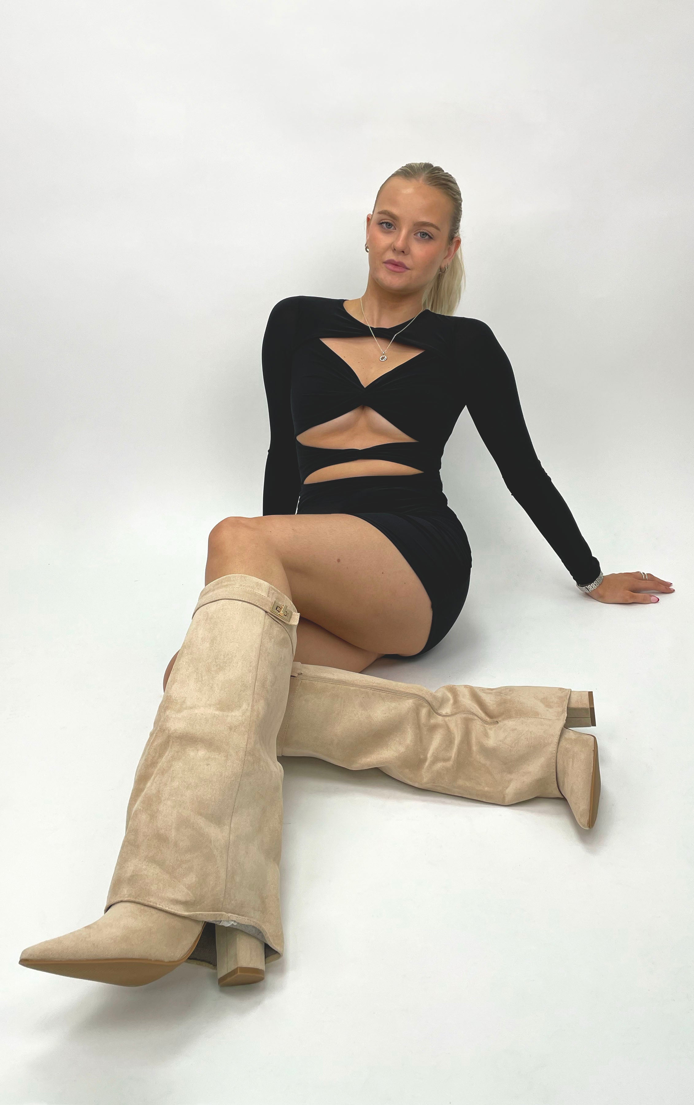 Beige Faux Suede Fold Over Shark Classic Buckle Knee High Boot