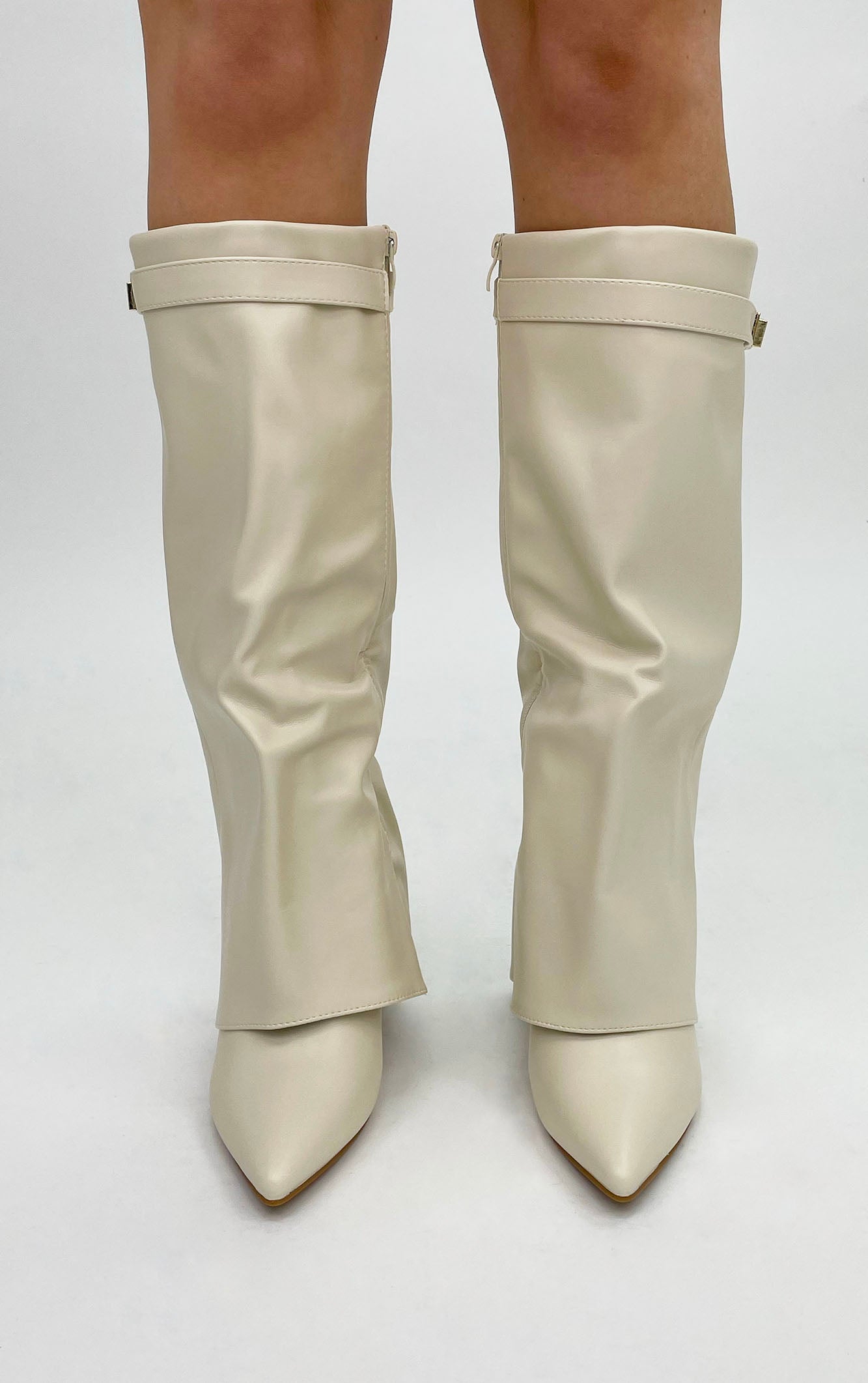 Beige Leather Fold Over Shark Classic Buckle Knee High Boot