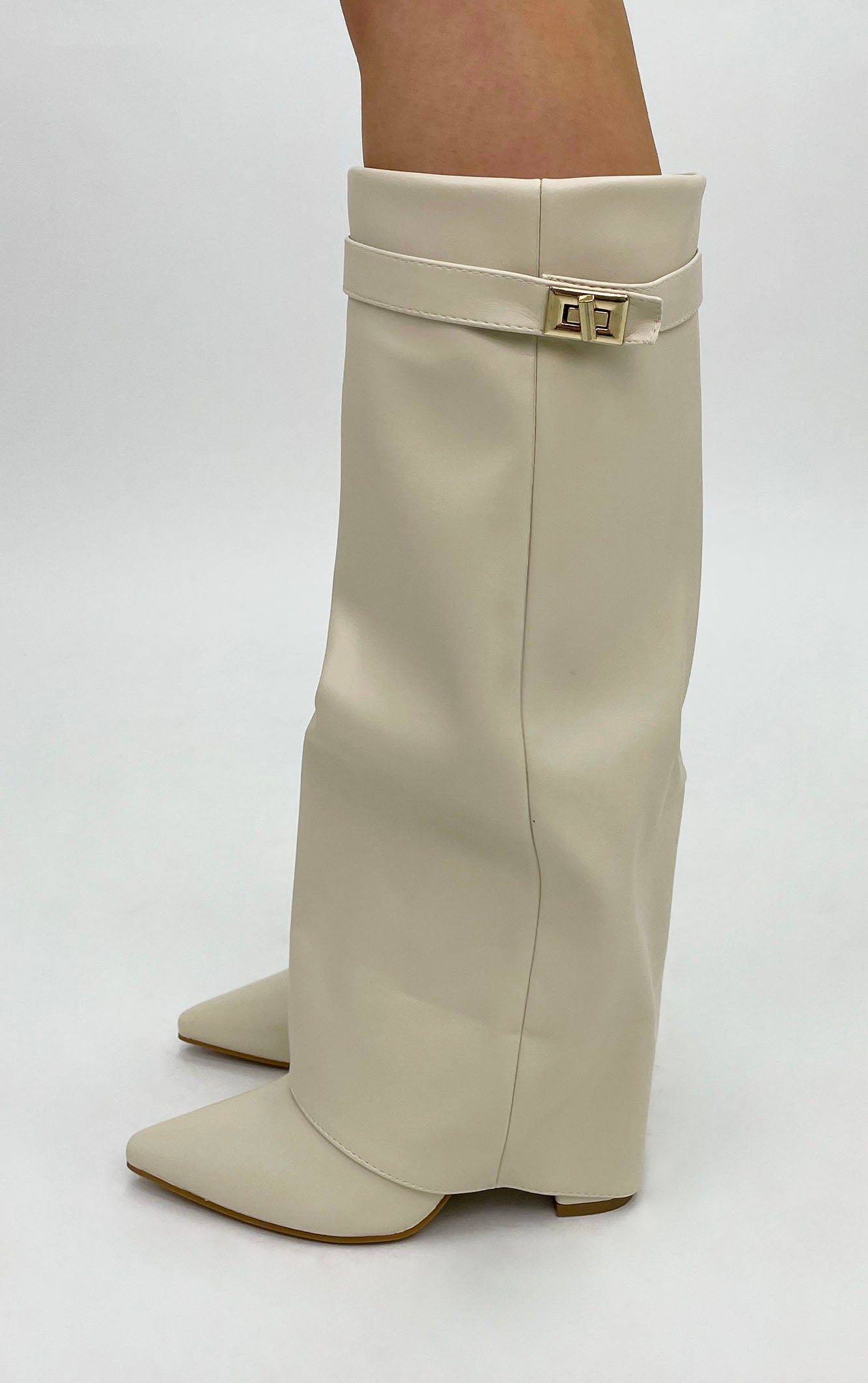 Beige Leather Fold Over Shark Classic Buckle Knee High Boot
